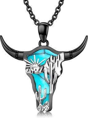 Women's Black B Sterling Turquoise Pendant Highland Cow Skull Western Necklace